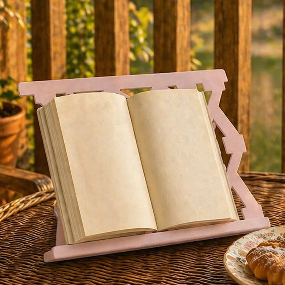 Pink Enamel Metal Cookbook Stand with Adjustable Support