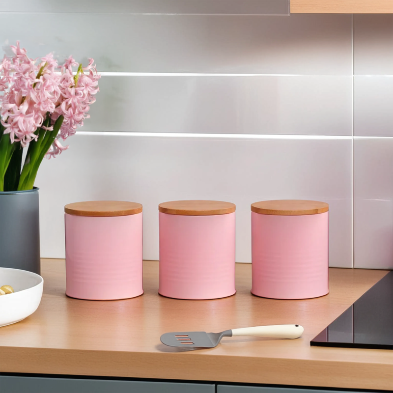 Set Of Three Pink Canisters