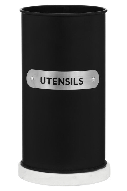 Black Enamel Utensil Holder with Plaque