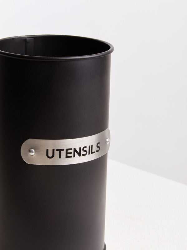 Black Enamel Utensil Holder with Plaque