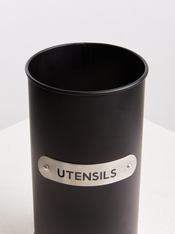 Black Enamel Utensil Holder with Plaque