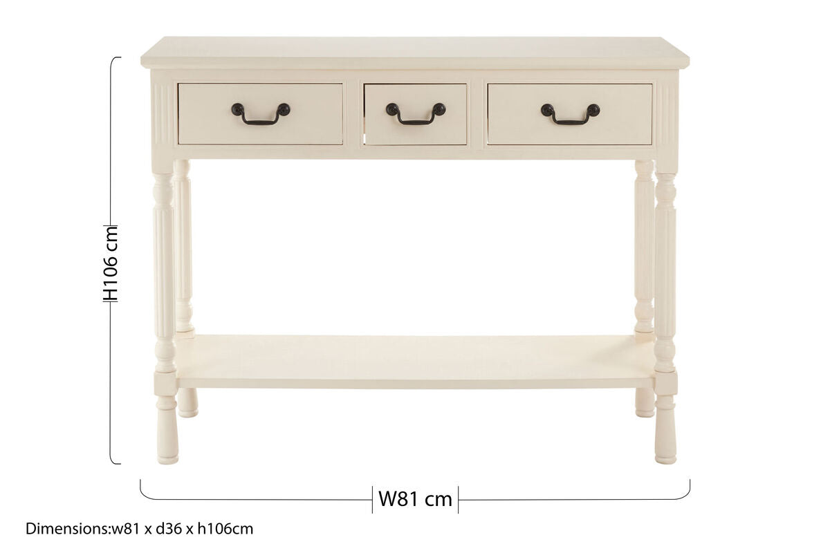 Ivory Wooden 3 Drawer Console Table with Lower Shelf