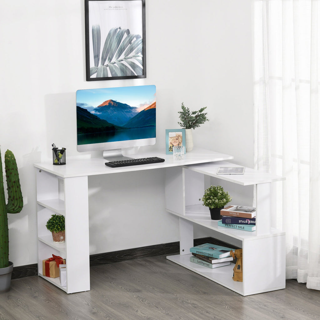 Corner Computer Desk, L Shaped Desk with 360° Rotating Bookshelf, 120L x 110W x 74.5H cm, White