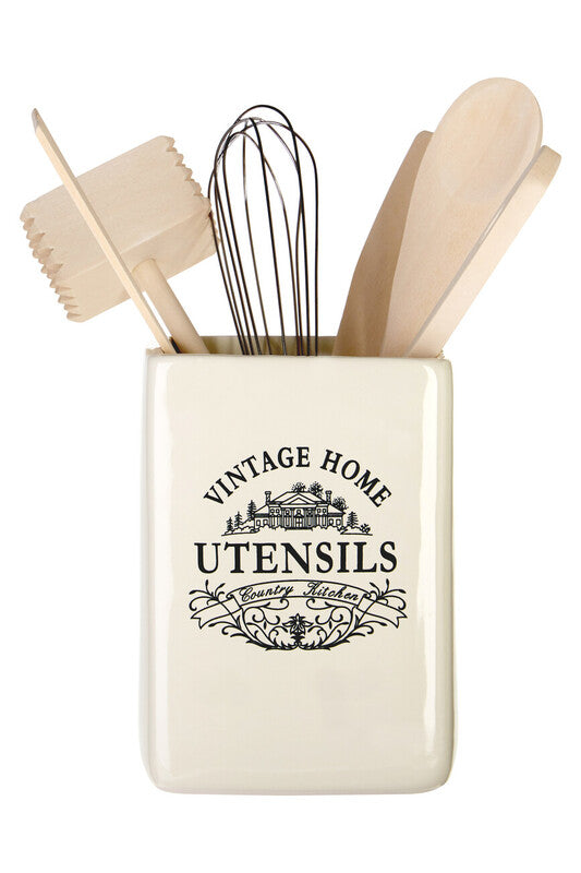 Vintage Home Cream Utensil Holder with 6 Utensils
