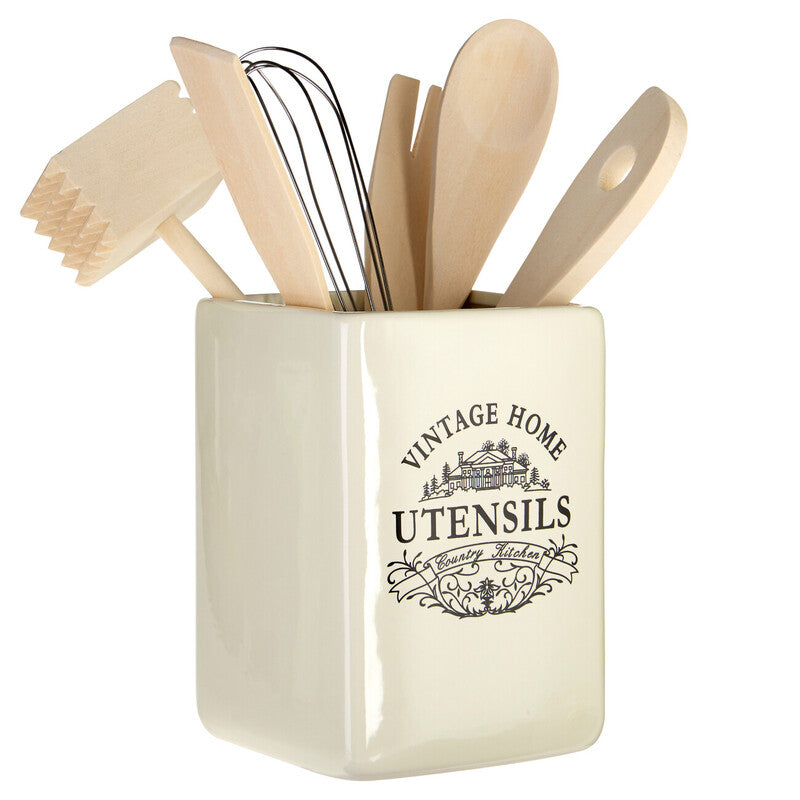 Vintage Home Cream Utensil Holder with 6 Utensils