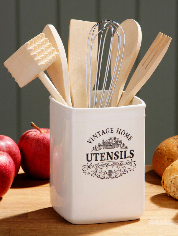 Vintage Home Cream Utensil Holder with 6 Utensils