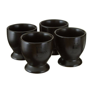Set of Four Black Egg Cups with Etched Text
