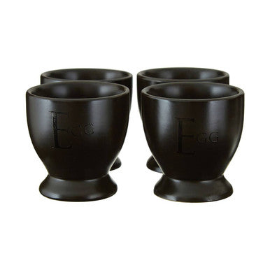 Set of Four Black Egg Cups with Etched Text