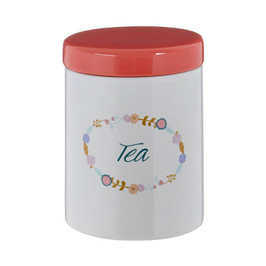 White Ceramic Tea Canister with Floral Pattern