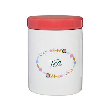 White Ceramic Tea Canister with Floral Pattern