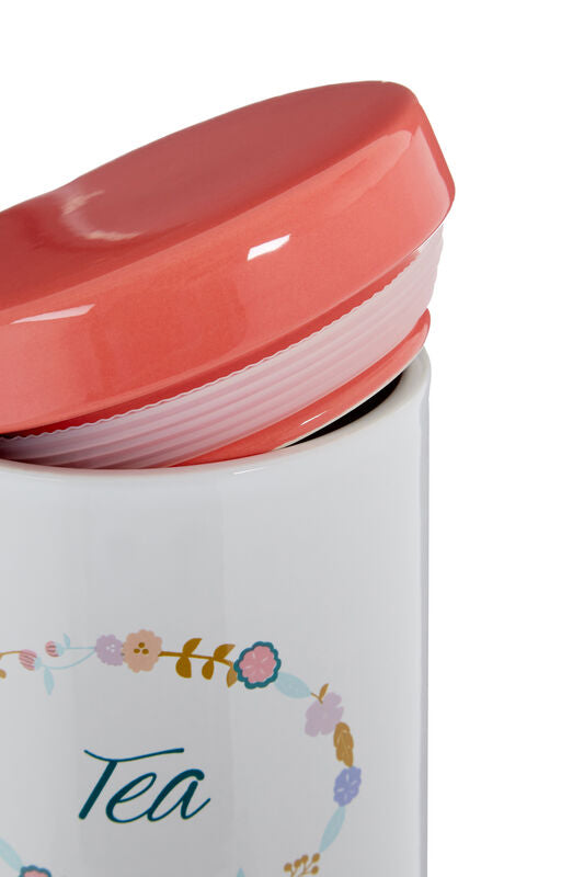 White Ceramic Tea Canister with Floral Pattern