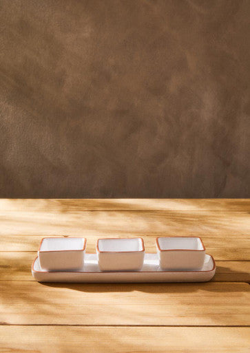 Terracotta Set of 3 Dip Bowls with Tray in White