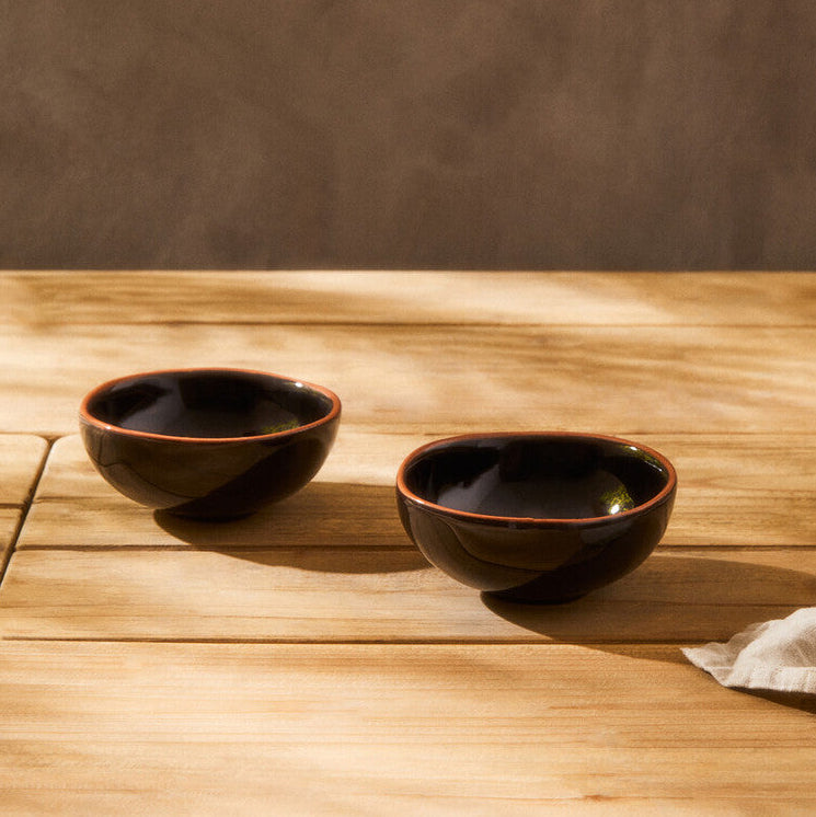 Black Glazed Terracotta Set of 2 Small Bowls