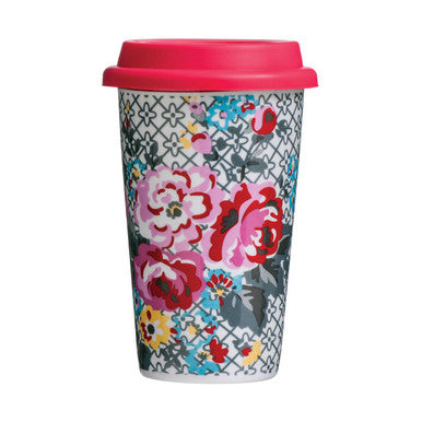 Floral Ceramic Reusable Mug with Silicone Lid