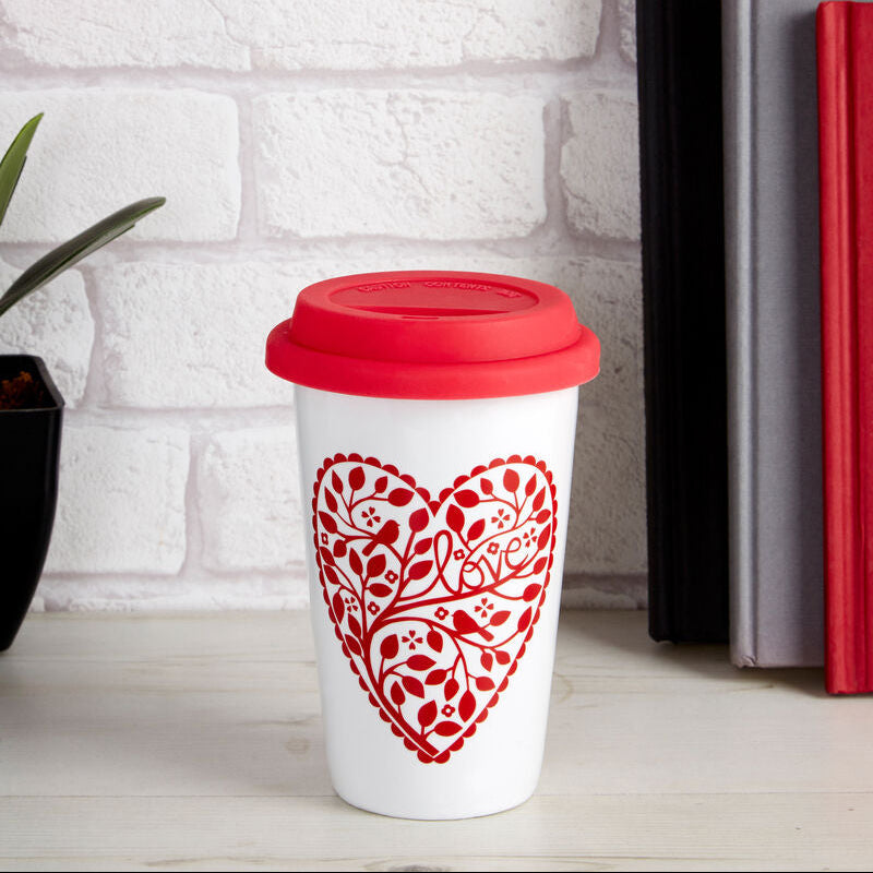 Heart Design Ceramic Reusable Mug with Silicone Lid