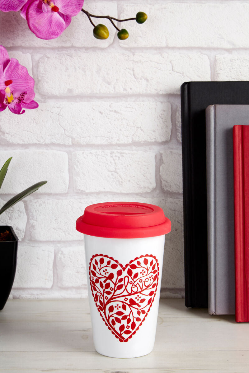 Heart Design Ceramic Reusable Mug with Silicone Lid