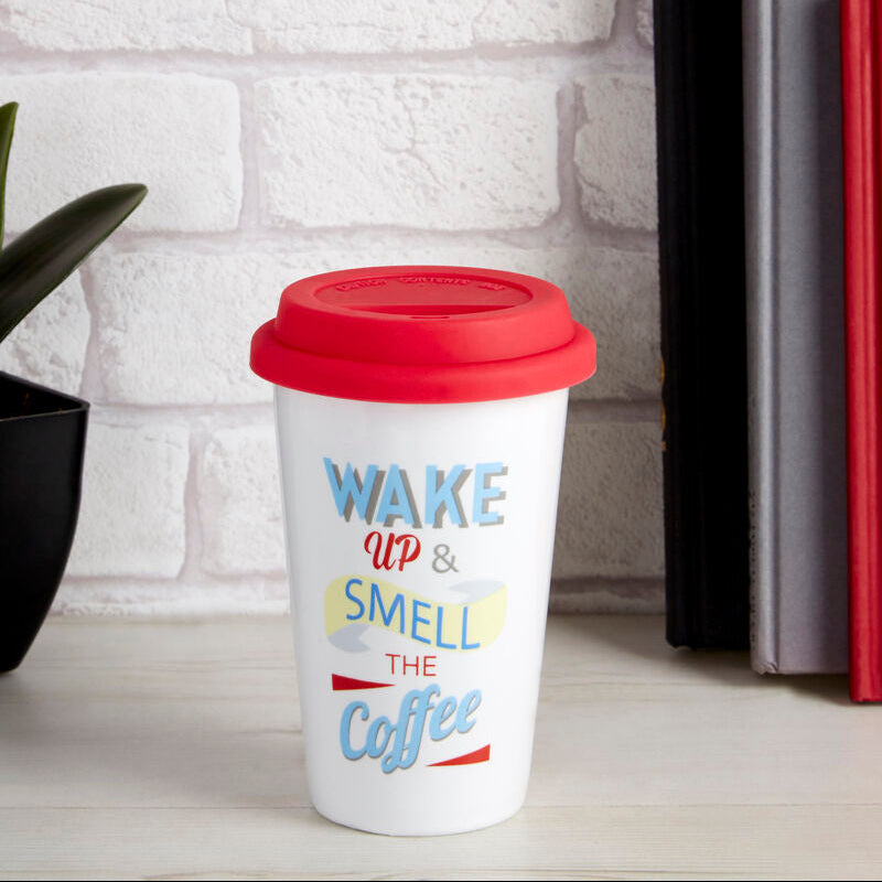 Wake Up Ceramic Reusable Mug with Silicone Lid