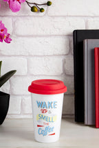 Wake Up Ceramic Reusable Mug with Silicone Lid