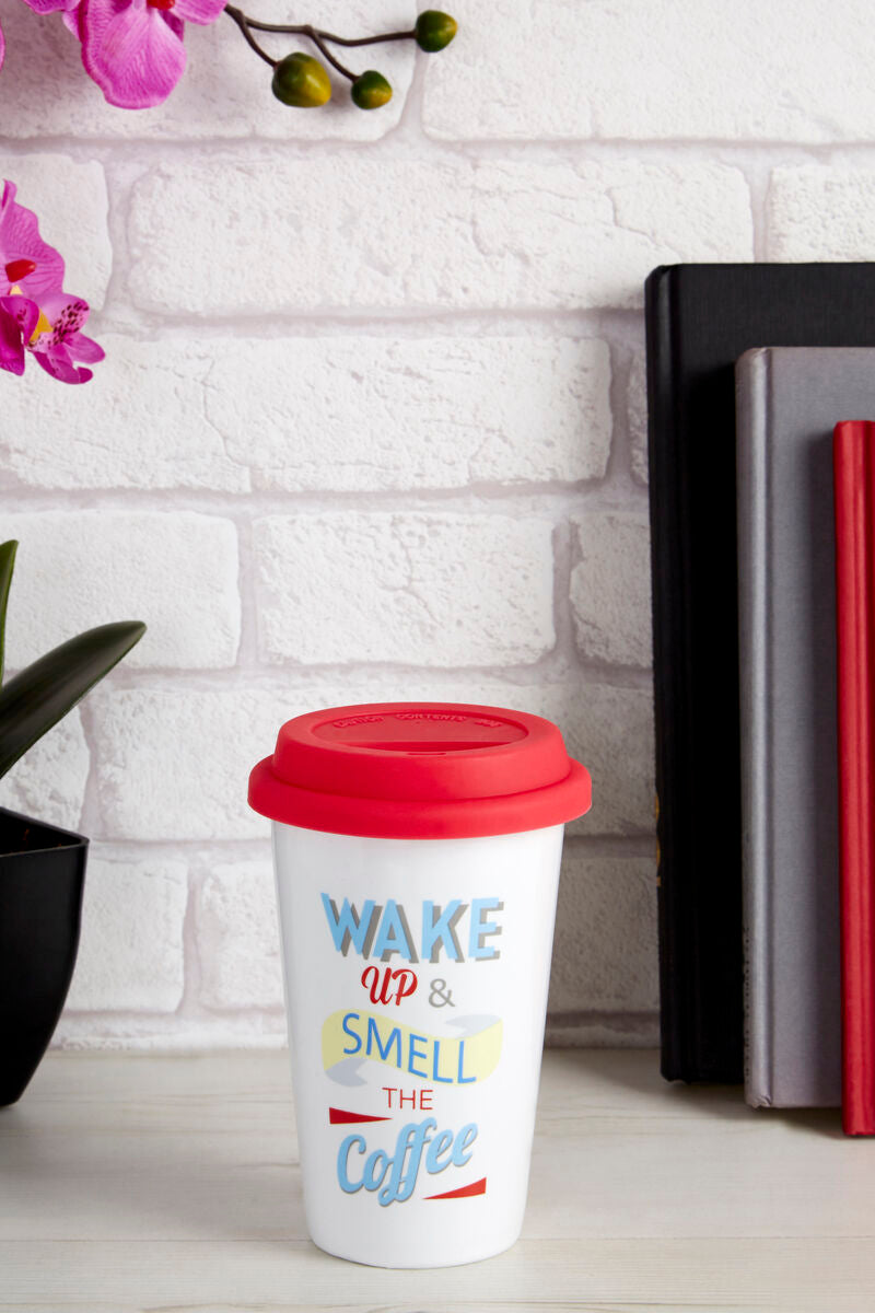 Wake Up Ceramic Reusable Mug with Silicone Lid