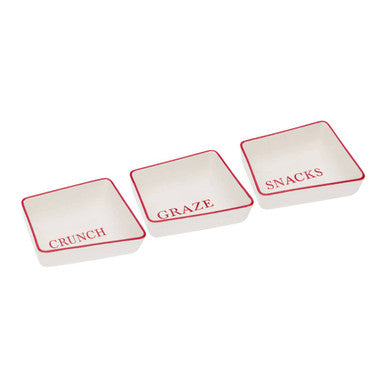 Set of Three Cream Stoneware Snack Dishes with Red Trim