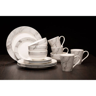 16 Piece White and Grey Marble Design Dinner Set