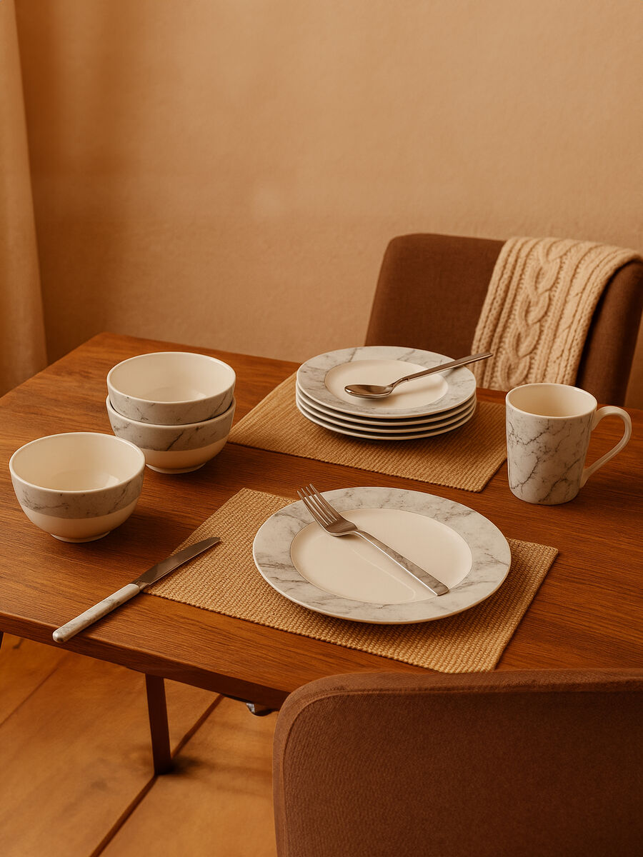 16 Piece White and Grey Marble Design Dinner Set