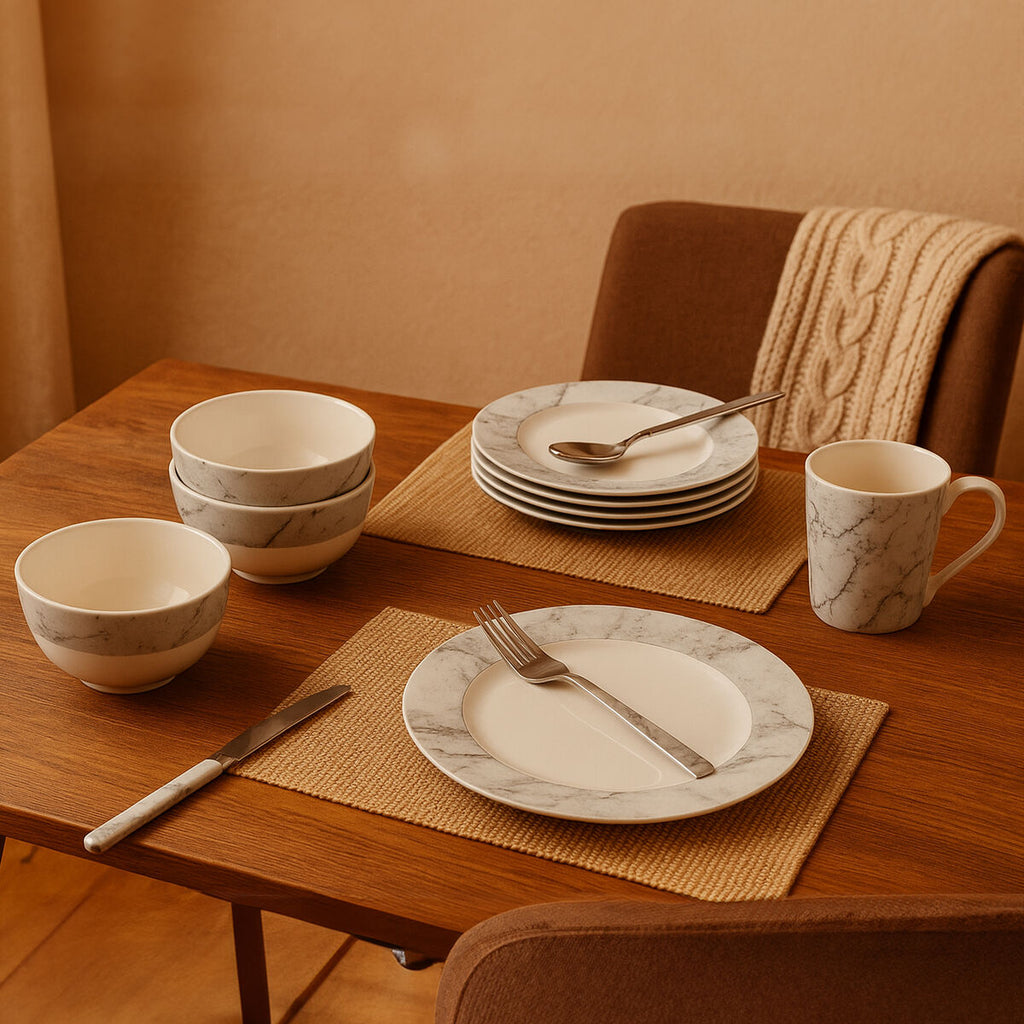 16 Piece White and Grey Marble Design Dinner Set