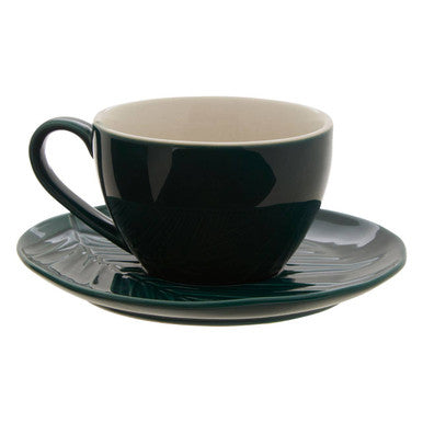 Dark Green Cup and Saucer with Leaf Design