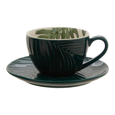 Dark Green Cup and Saucer with Leaf Design
