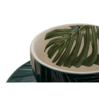 Dark Green Cup and Saucer with Leaf Design