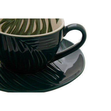 Dark Green Cup and Saucer with Leaf Design