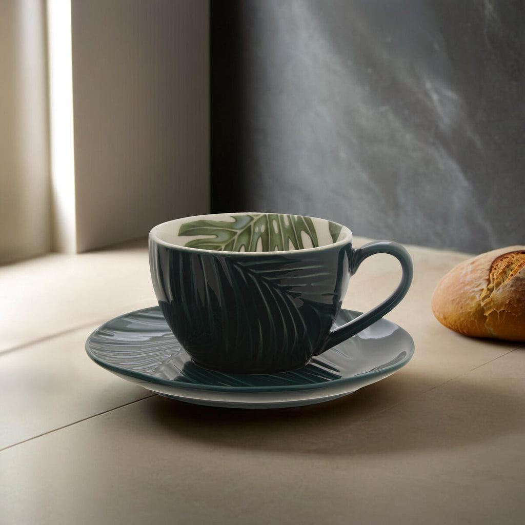 Dark Green Cup and Saucer with Leaf Design