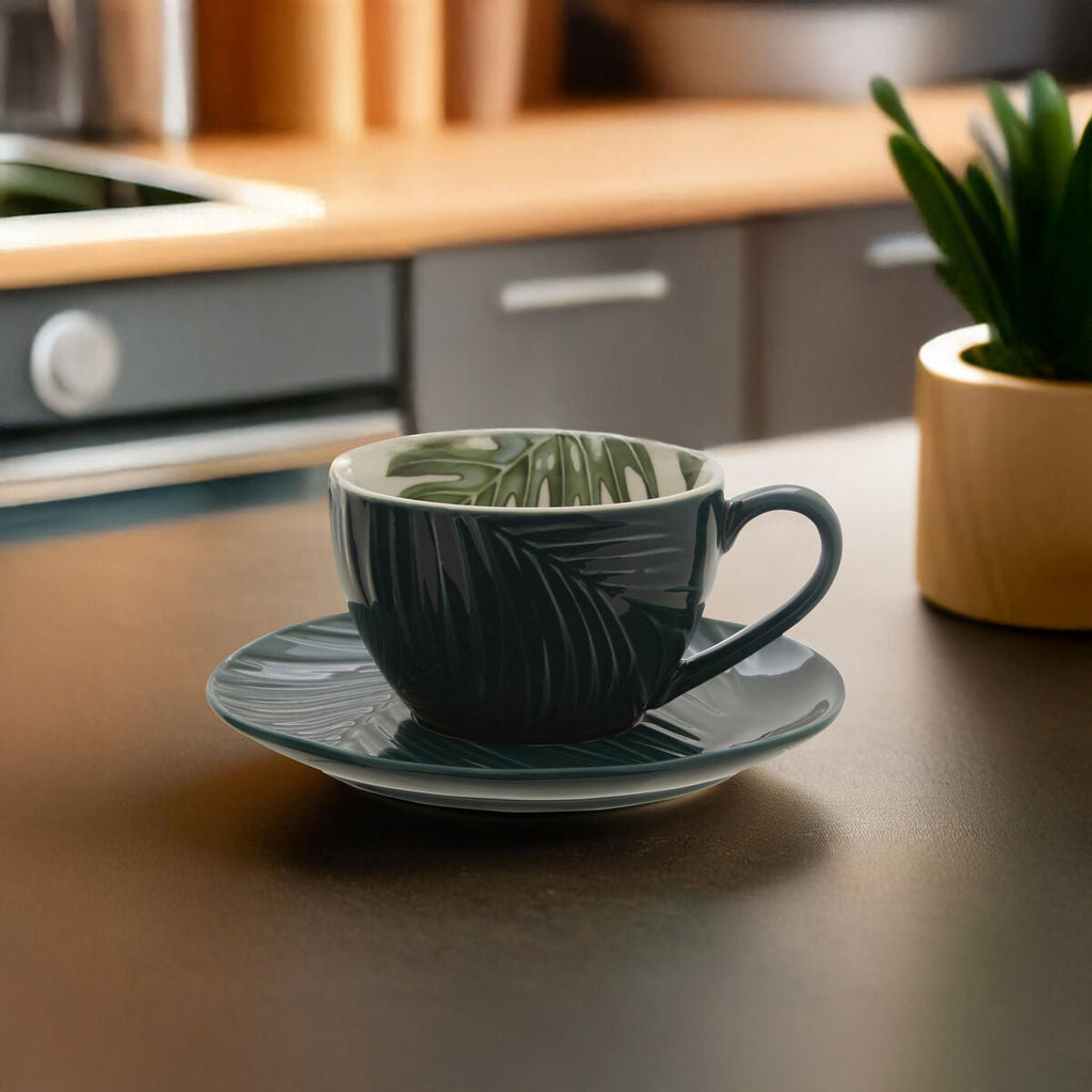 Dark Green Cup and Saucer with Leaf Design