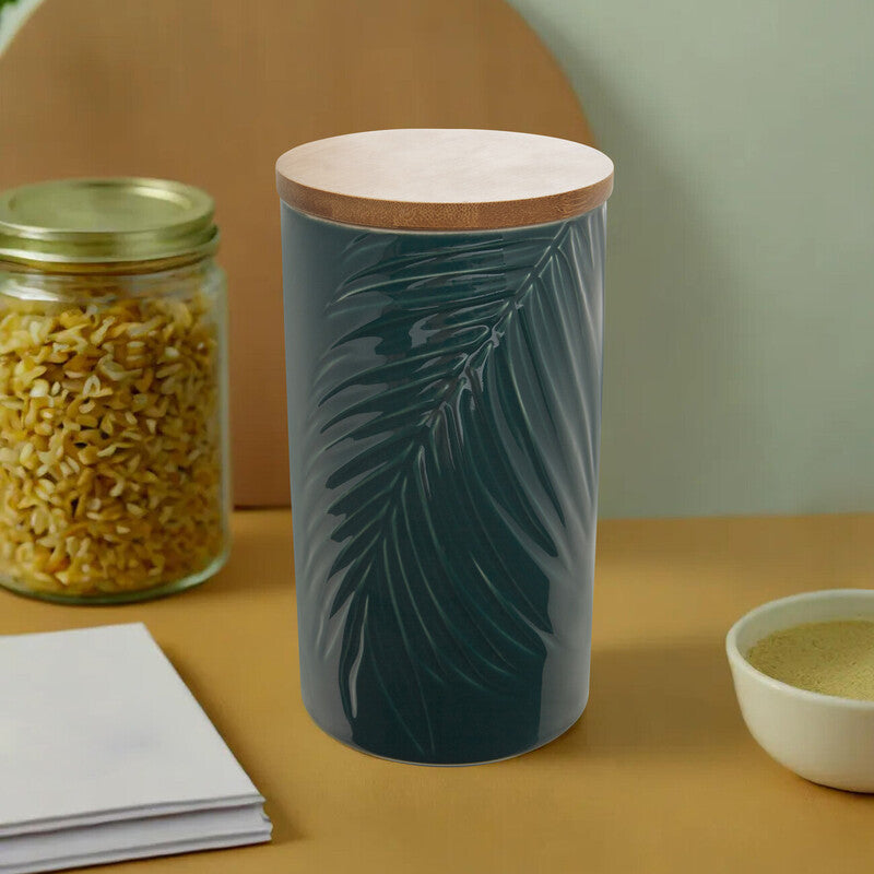 Dark Green Large Storage Jar with Bamboo Lid