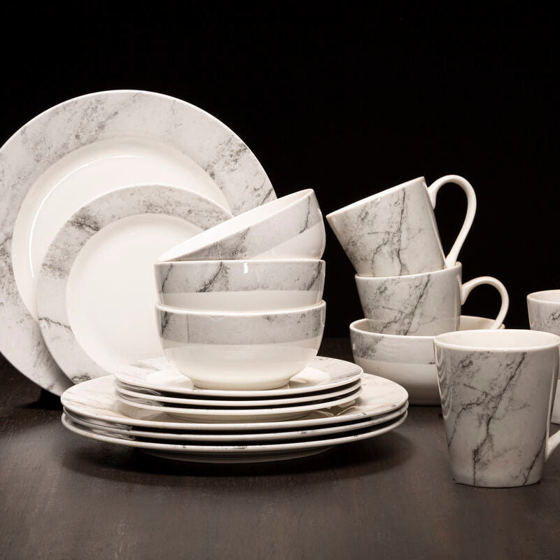 16 Piece White and Grey Marble Effect Dinner Set