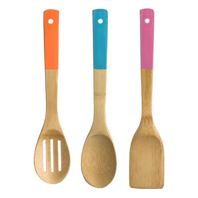 Natural Bamboo 3 Piece Utensil Set with Coloured Handles