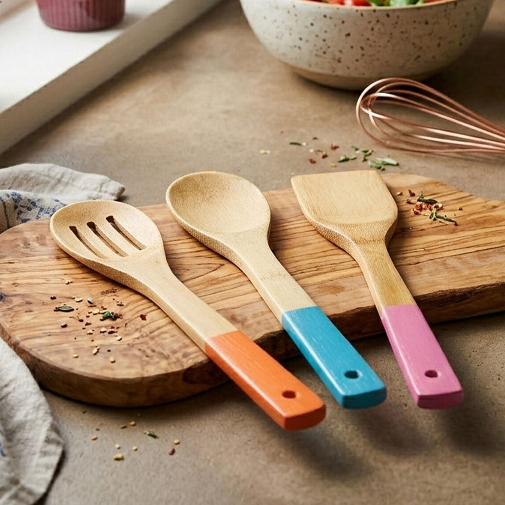 Natural Bamboo 3 Piece Utensil Set with Coloured Handles