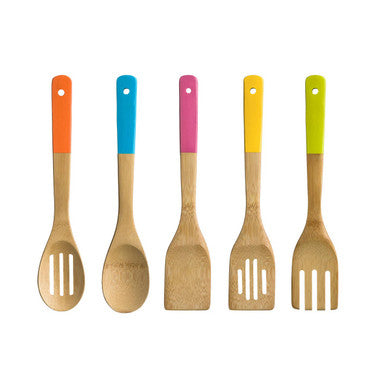 5 Piece Bamboo Kitchen Utensil Set With Multi Colour Handles