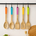 5 Piece Bamboo Kitchen Utensil Set With Multi Colour Handles