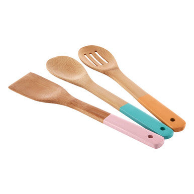 Natural Bamboo 3 Piece Utensil Set with Pastel Coloured Handles
