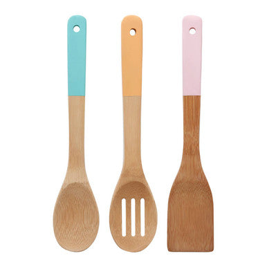 Natural Bamboo 3 Piece Utensil Set with Pastel Coloured Handles