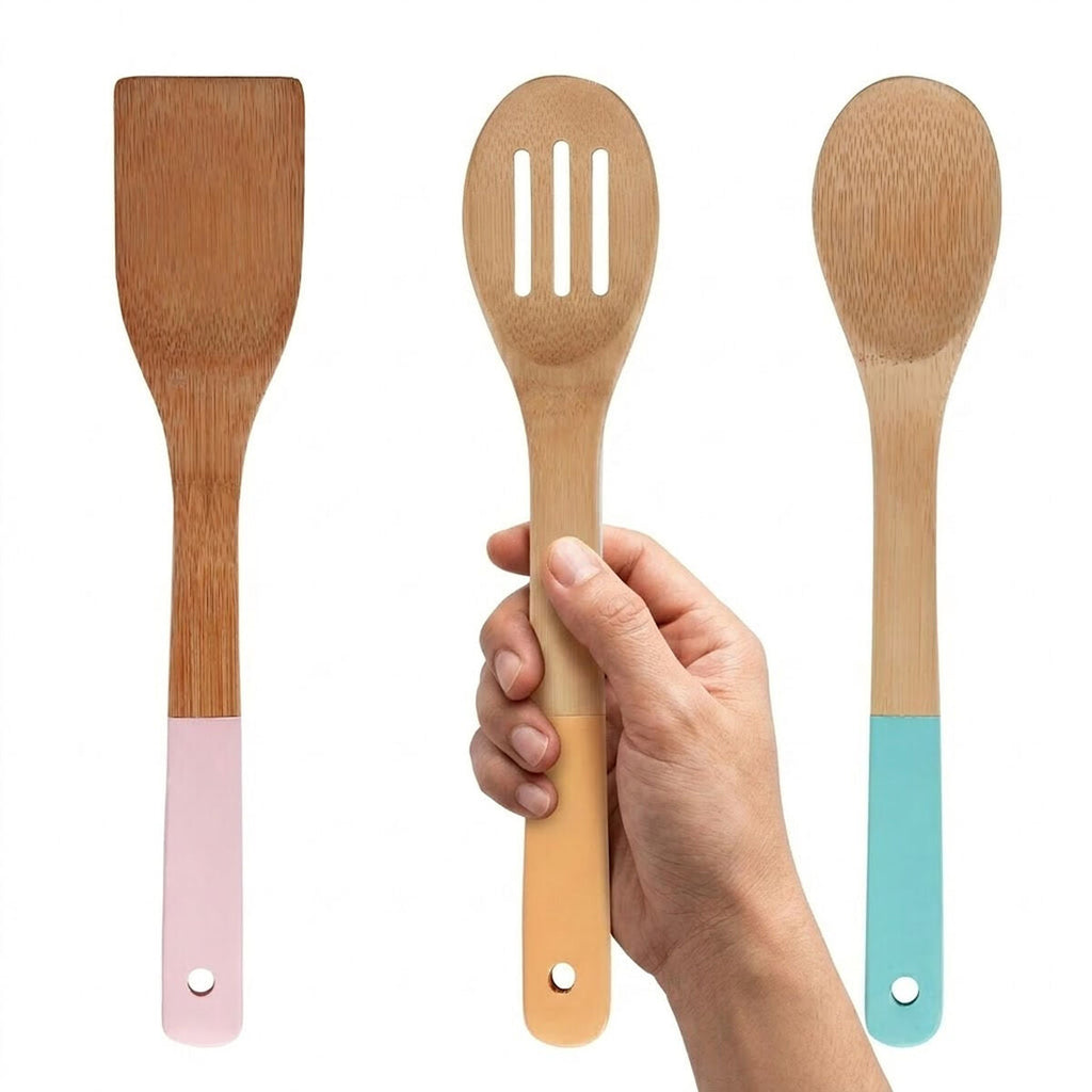 Natural Bamboo 3 Piece Utensil Set with Pastel Coloured Handles