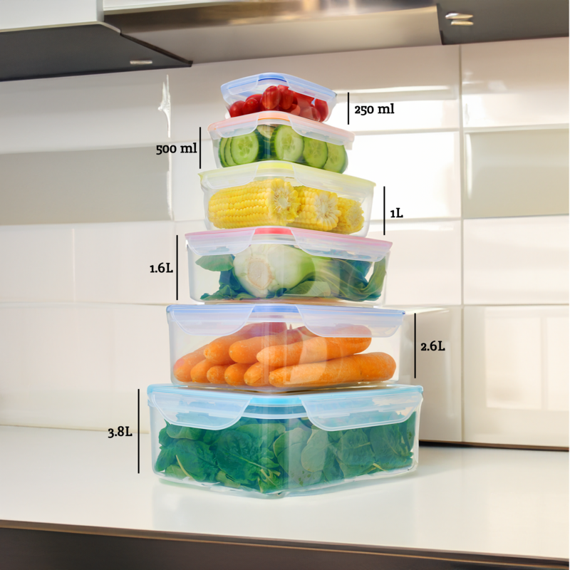 6 Piece Rectangular Food Containers with Airtight Lids
