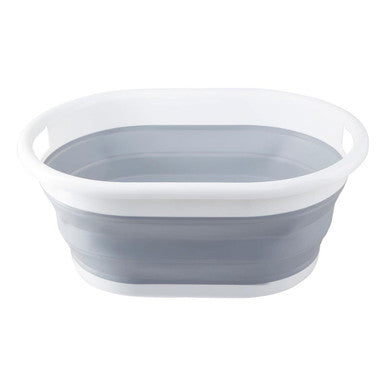 Grey and White Oval Collapsible Laundry Basket