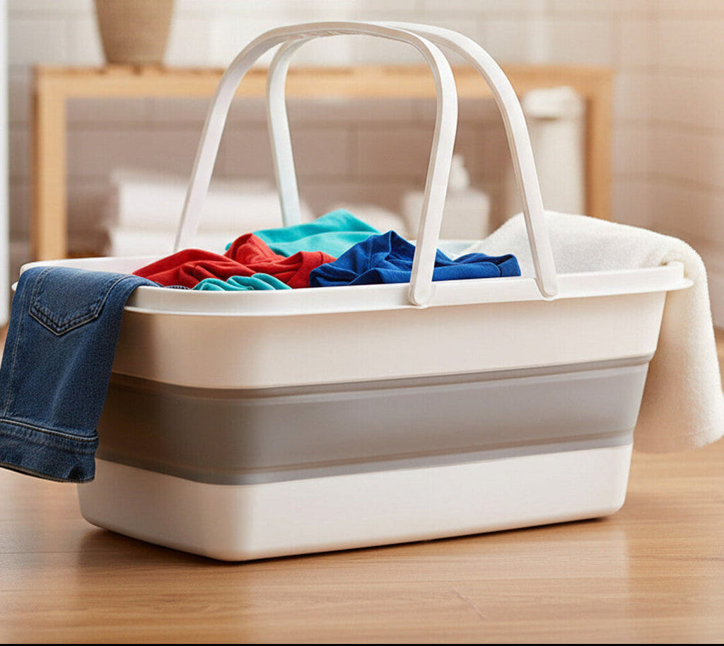 White and Grey Collapsible Basket with Handles