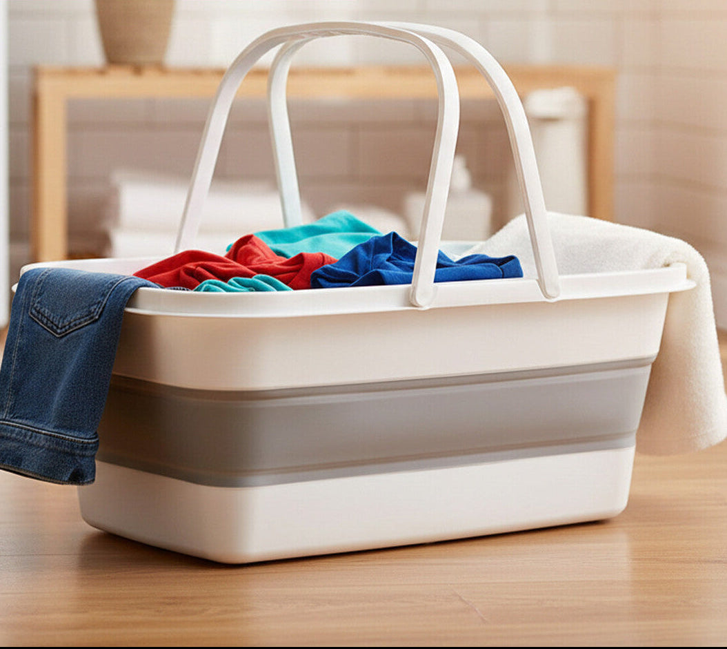 White and Grey Collapsible Basket with Handles