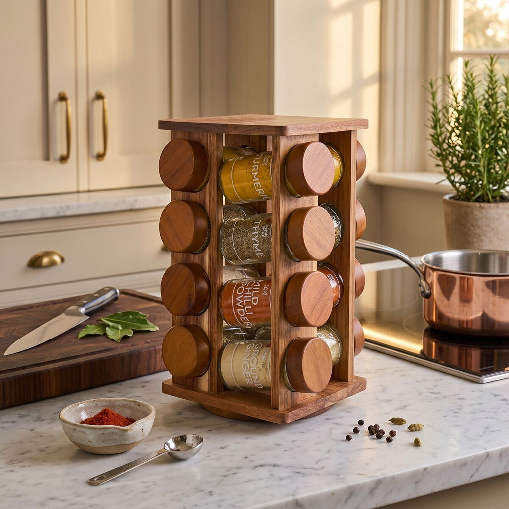 Acacia Wood Revolving Spice Rack with 16 Jars