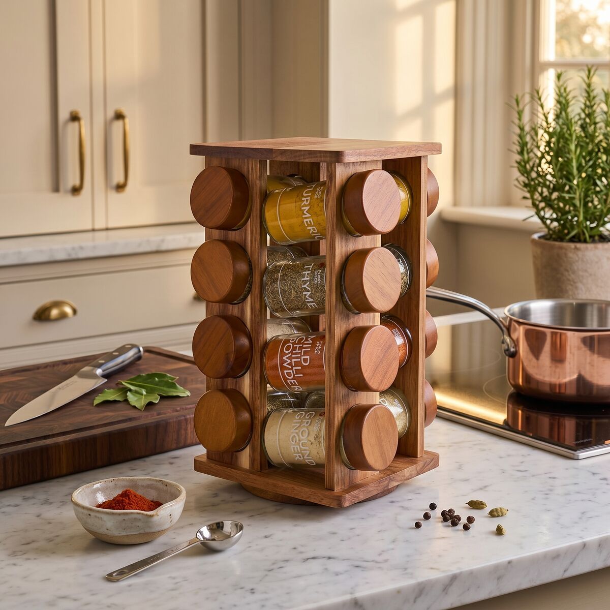 Acacia Wood Revolving Spice Rack with 16 Jars