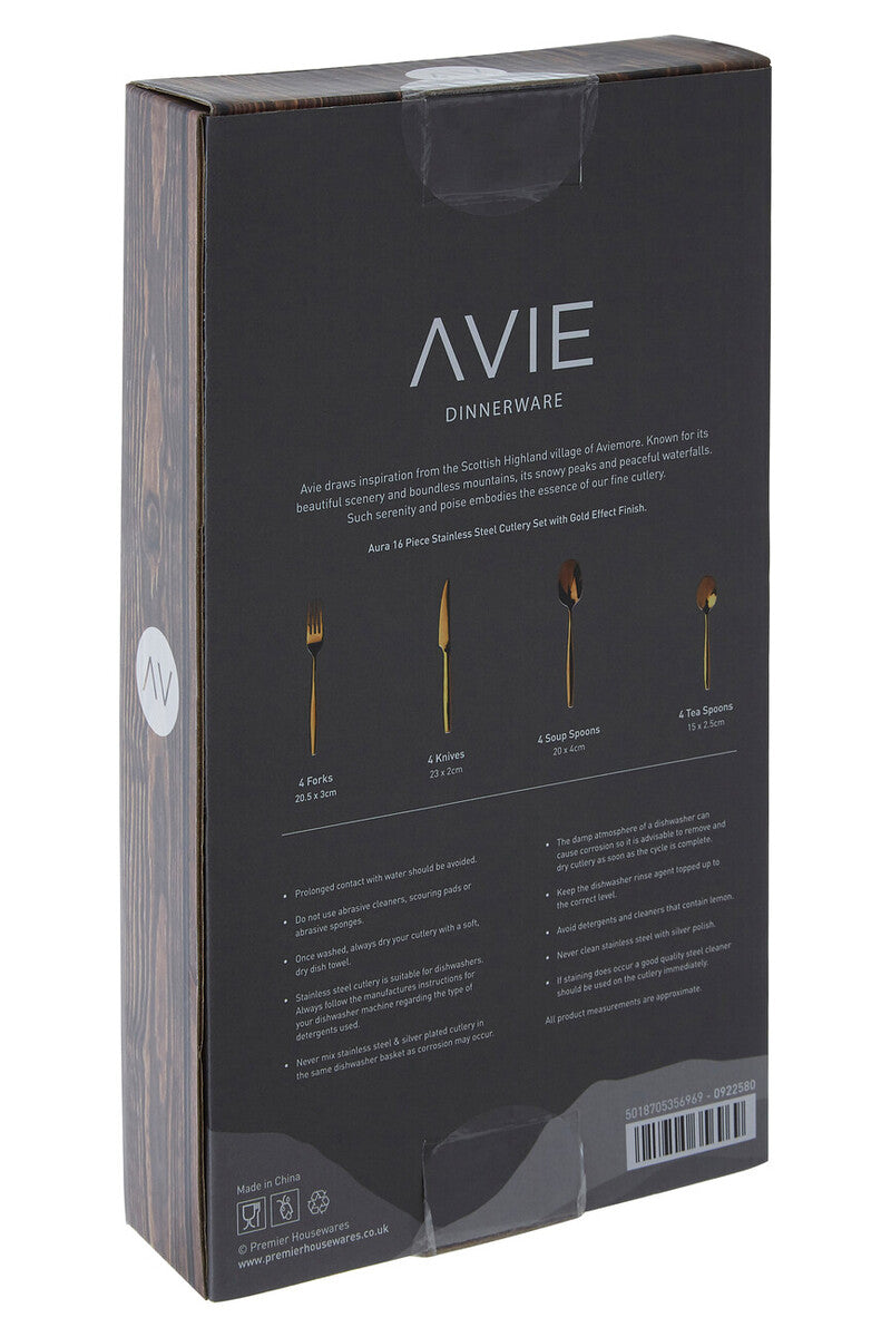 Aura 16 Piece Gold Cutlery Set