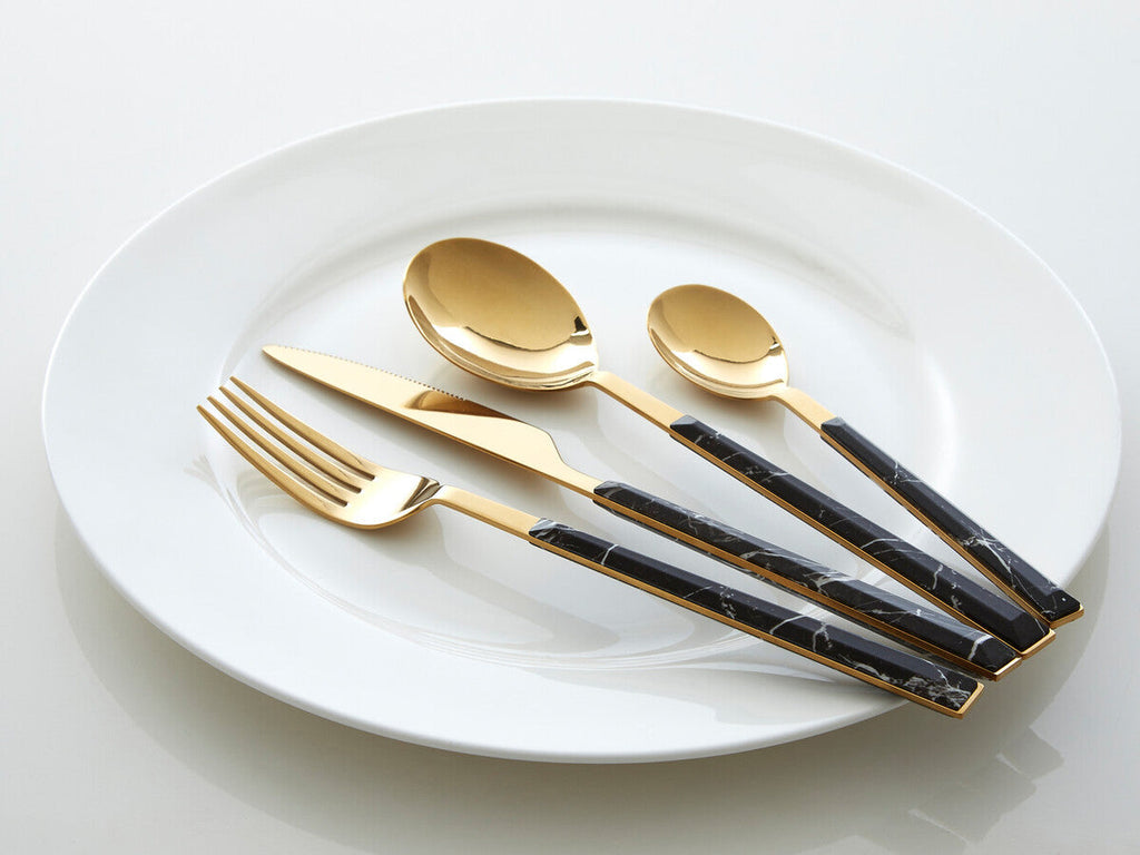 16 Piece Black Faux Marble Cutlery Set